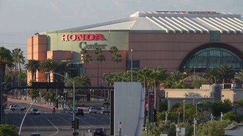 Anaheim, CA / USA - May 12, 2019: The exterior of Honda Center sports and multi-purpose arena is shown during a late afternoon day. 
