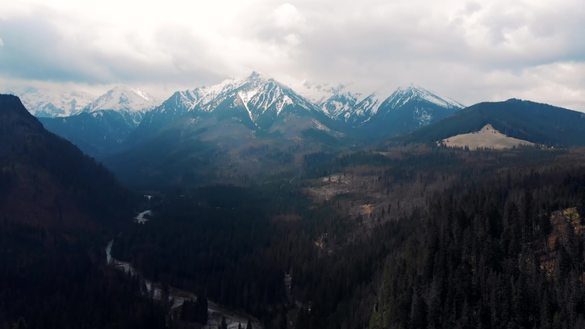 Cinematic Drone Aerial of Tatra Mountains Snowy Peaks Near Zakopane on Border Between Poland and Slovakia 4k