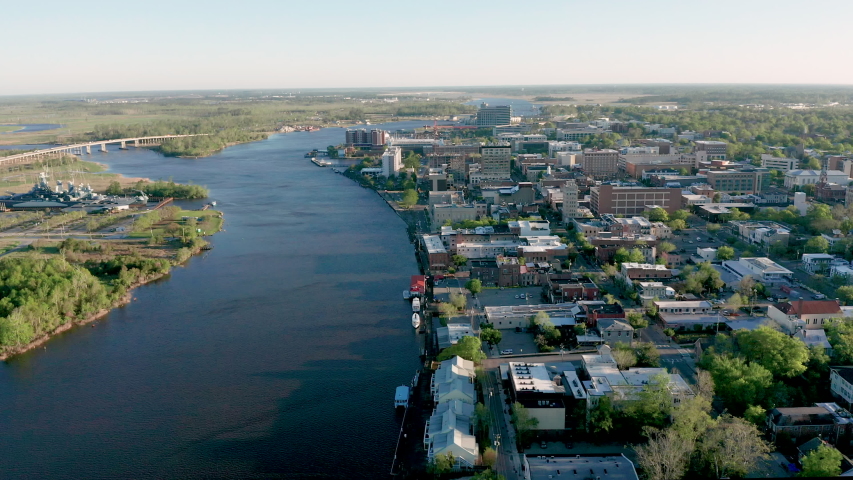 Green Leaves Out Springtime Aerial View Downtown Riverfront Wilmington North Carolina