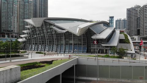 Hong Kong- May 21 2019: west kowloon station exteior, high speed rail hong kong to shenzhen, part of  Guangzhou–Shenzhen–Hong Kong Express Rail Link