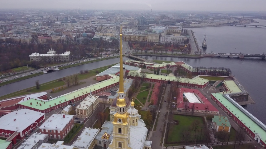 Aerial view; drone flight over Petropavlovskaya fortress; most visited attractions in Saint Petersburg; historical place of culture capital of Russia on Neva; typical cloudy weather near Baltic sea