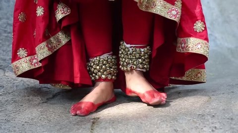 Indian classical Kathak dancer wearing ghungroo Closeup on the feet