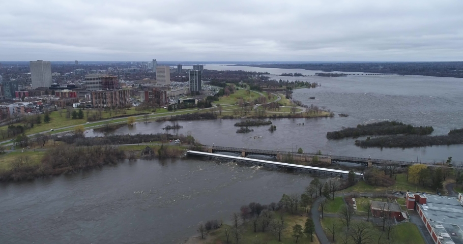 Drone footage over the Ottawa River during the 2019 Ottawa Flood beside Sir John A. Macdonald Parkway.