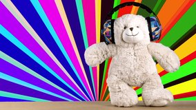amazing funjy teddy bear brought to life dancing with headphones in a disco setting