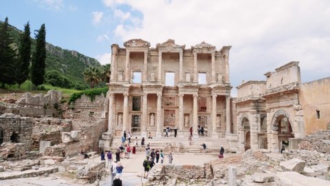 Time lapse of Celsus Library in Ephesus (Efes). Ancient Greek city Izmir, Turkey. Travel concept