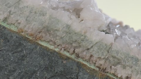 Quartz vein on tuffstone, contact zone, small translucent quartz crystals