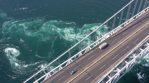 Japan, whirlpools under Naruto Bridge, aerial view by drone