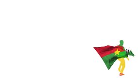 Burkina Faso football player with a flag in the background kicks up a twisted ball and kicks through himself. The ball flies to the screen. Alpha matte transparency for overlay. - Powered by Shutterstock - Get 15% off with code: PIKWIZARD15