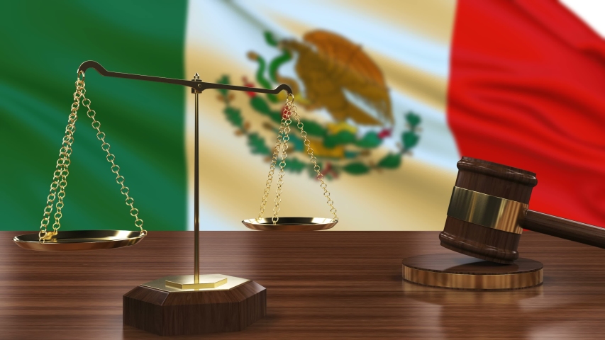 Judge calling order with hammer and scales in Mexico court with flag background,