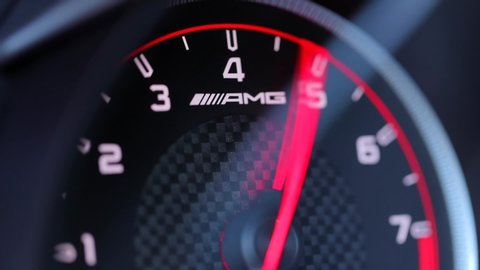 San Francisco. Jan 2019. Close-up view of Mercedes AMG speedometer. Speed acceleration in a luxury car.