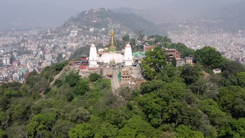 Nepal, Kathmandu. Swayambhunath temple. Aerial footage