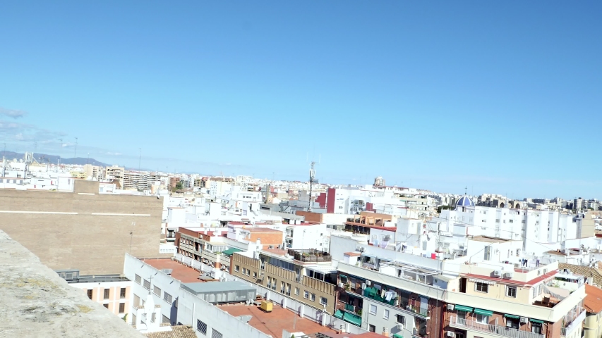 Aerial view of Valencia as seen from the famous Torres de Quart o Puerta de Quart, which are medieval gothic gates located in Guillen de Castro and Quart streets in the city of Valencia, Spain, Europe
