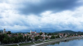 European city (Szentendre, Hungary) before the storm, rain aerial stock video