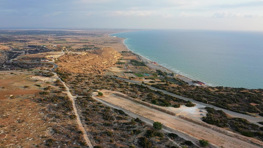 Flying over Episkopi bay and Kourion stadium and archaeological site. Limassol District, Cyprus