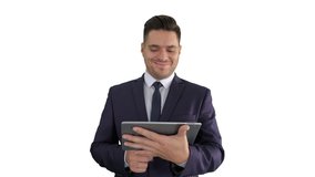 Mature handsome emotional businessman watching funny video in popular website on digital tablet on white background.
