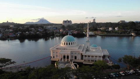 Kuching, Sarawak - Circa May 2019. Aerial view of the beautiful floating mosque of Kuching  or also known as masjid india during sunset