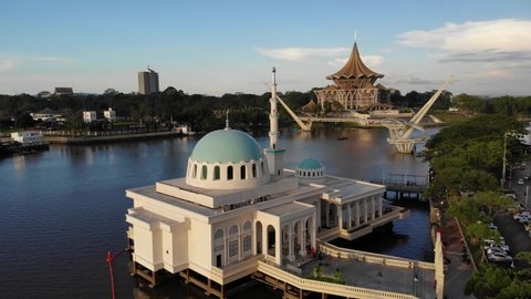 Kuching, Sarawak - Circa May 2019. Aerial view of the beautiful floating mosque of Kuching  or also known as masjid india during sunset
