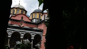 The exterior of Rila Monastery - the largest and most famous Eastern Orthodox monastery in Bulgaria, 4k