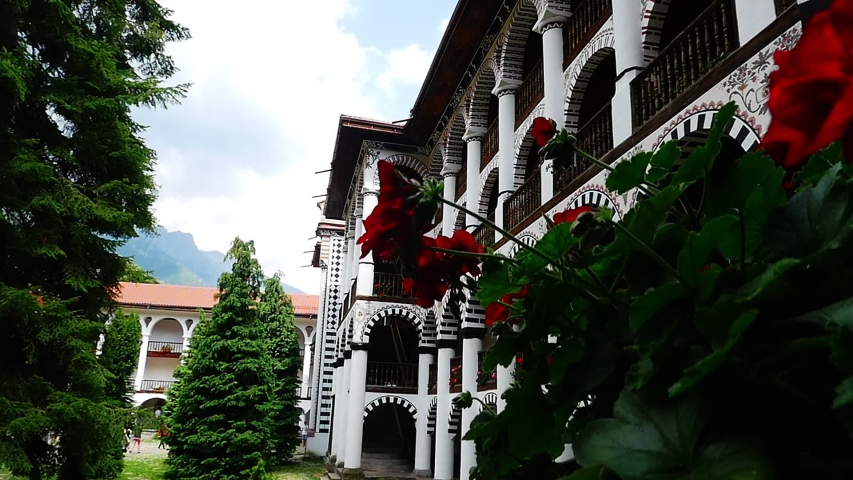 The exterior of Rila Monastery - the largest and most famous Eastern Orthodox monastery in Bulgaria