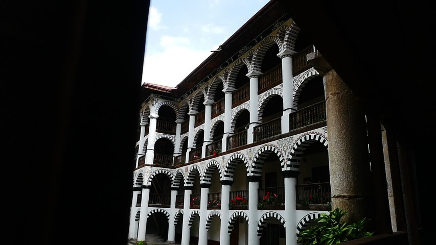 The exterior of Rila Monastery - the largest and most famous Eastern Orthodox monastery in Bulgaria