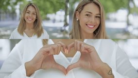 Collage of medium and close up shots of beautiful Caucasian blonde girl in white blouse outside, looking at camera, smiling, showing love sign. Lifestyle concept