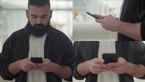 Collage of medium and close up shots of brutal young Caucasian man with beard standing outside, texting on phone. Work, communication concept