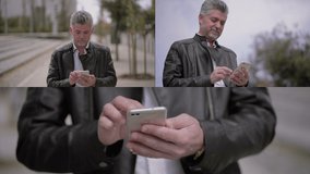Collage of medium and close up shots of stylish middle-aged Caucasian man in brown leather jacket walking outside, texting on phone, smiling. Lifestyle, communication concept