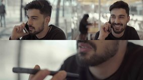 Collage of medium and close up shots of smiling young mixed-race man in dark pullover sitting in cafe, talking on phone. Work, communication concept