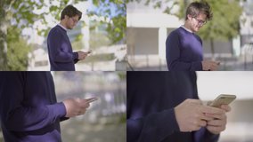 Collage of medium and close up shots of attractive young Caucasian man in spectacles and in dark blue pullover standing outside, looking at camera, texting on phone. Lifestyle, communication concept