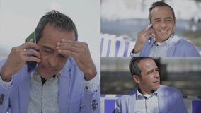 Collage of serious middle-aged mixed-race man in blue jacket sitting outside, talking on phone, looking upset and tired. Lifestyle, communication concept