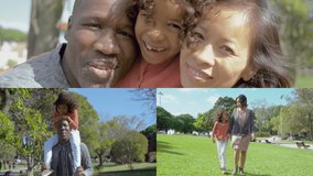Collage of long and medium shots of Asian mother, Afro-american father and their daughter spending time together in park, having fun. Family, holiday concept
