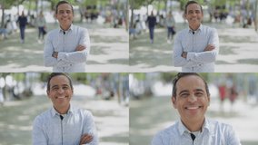 Collage of smiling middle-aged mixed-race man in white shirt standing outside with crossed arms, changing body position, looking at camera, touching chin. Lifestyle concept