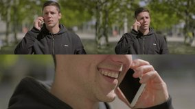 Collage of medium and close up shots of good looking young Caucasian man in black hoodie talking on phone outside, looking serious, laughing. Lifestyle, communication concept
