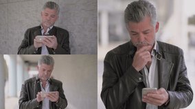 Collage of stylish middle-aged Caucasian man in brown leather jacket leaning on building wall outside, watching movie on phone, thinking. Lifestyle concept