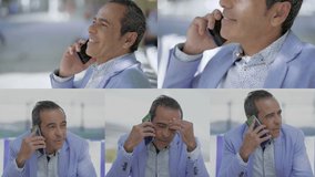 Collage of middle-aged mixed-race man in blue jacket sitting outside, talking on phone, having different emotions. Lifestyle, communication concept