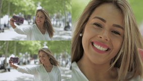 Collage of medium and close up shots of beautiful Caucasian blonde girl in white blouse having video chat on phone outside, talking, smiling, waving hand. Lifestyle, communication concept