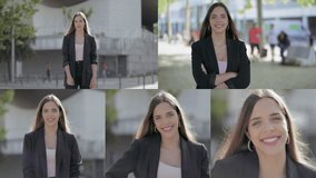 Collage of pretty Caucasian blonde girl in black jacket standing with crossed hands, walking, posing outside, laughing. Medium and close up shots. Lifestyle concept 