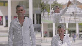 Collage of stylish middle-aged Caucasian man in white shirt standing outside, having video chat, talking, gesticulating emotionally. Lifestyle, travel concept