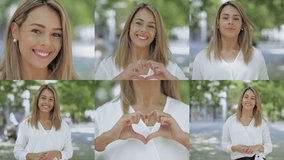 Collage of beautiful Caucasian blonde girl in white blouse outside, looking at camera, smiling, sending kisses, showing victory and love sign, waving hand. Lifestyle concept
