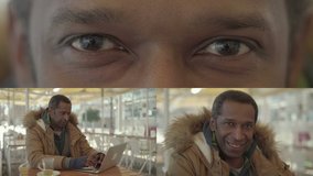 Collage of medium and close up shots of middle-aged Afro-american man in sand jacket with artificial fur working on laptop in cafe, looking at camera, smiling. Work, communication concept