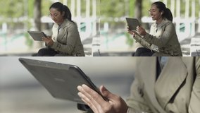 Collage of young brown-skinned woman in glasses and in camel trench typing on tablet, having video call with earphones, waving hand. Side view. Work, communication concept