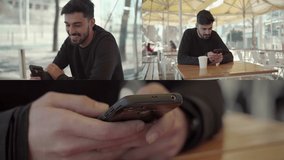 Collage of medium and close up shots of smiling young mixed-race man in dark pullover sitting in cafe, talking and texting on phone. Work, communication concept