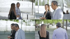 Collage of side and rear views of middle-aged mixed-race man and young Caucasian woman in black suit walking in park, talking, woman holding takeaway coffee in hand. Work, communication concept