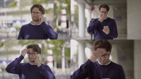 Collage of medium shots of attractive young Caucasian man in spectacles and in dark blue pullover talking on phone outside, receiving bad news, looking disappointed. Lifestyle, communication concept