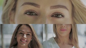 Collage of medium and close up shots of beautiful Caucasian blonde girl in white blouse outside, looking at camera, smiling, sending kisses. Lifestyle concept