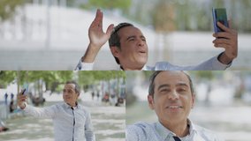 Collage of smiling middle-aged mixed-race man in white shirt standing outside, having video chat, waving hand, sending kisses. Lifestyle, communication concept