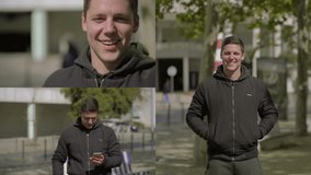 Collage of good looking young Caucasian man in black hoodie standing outside with crossed arms, looking at camera, having video chat on phone. Lifestyle concept