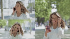 Collage of beautiful Caucasian blonde girl in white blouse walking in square, talking on phone, behaving emotionally, receiving good news. Lifestyle, communication concept
