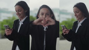 Collage of side and front views of smiling young Caucasian girl in black jacket standing outside, texting on phone, showing love sign, looking at camera. Communication, lifestyle concept