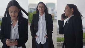 Collage of smiling young Caucasian girl in black jacket talking and typing on phone, looking at camera, posing. Communication, lifestyle concept
